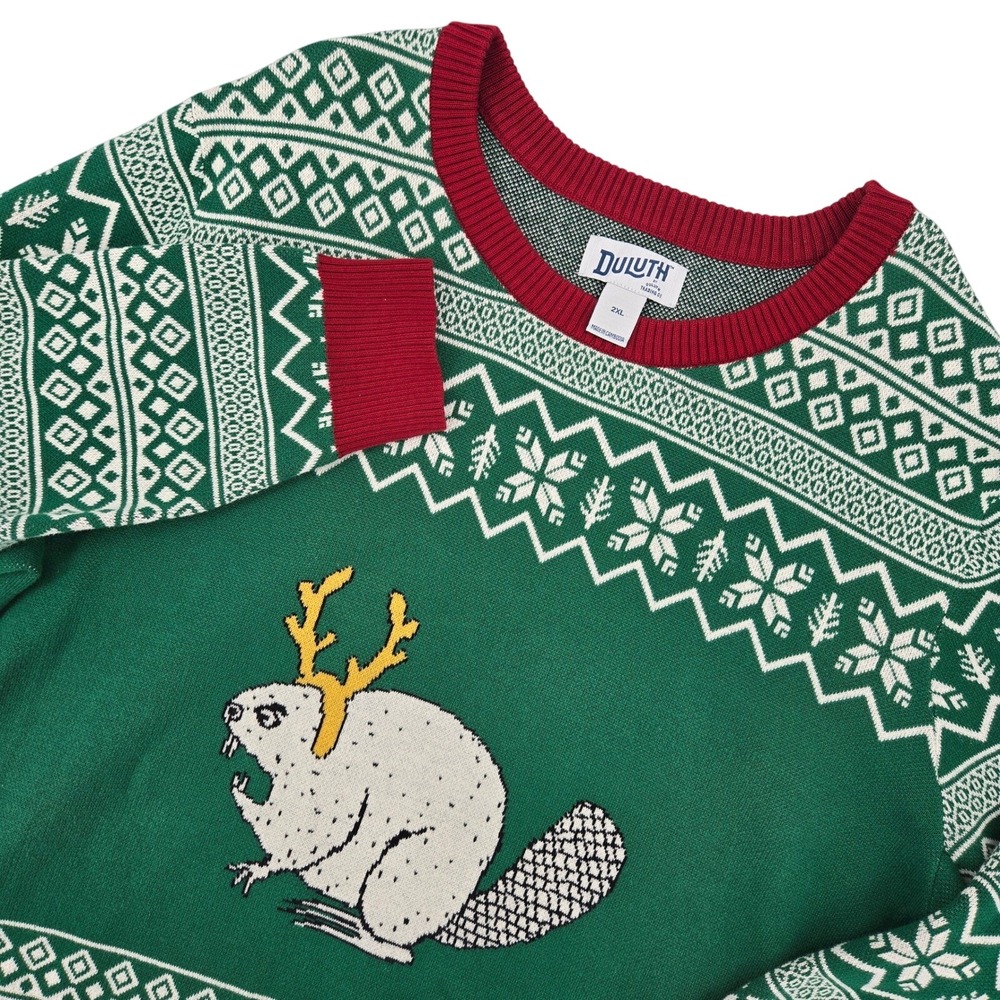 Duluth Trading Co 2XL Sweater Mens Green Red Ugly Christmas Reindeer Beaver
